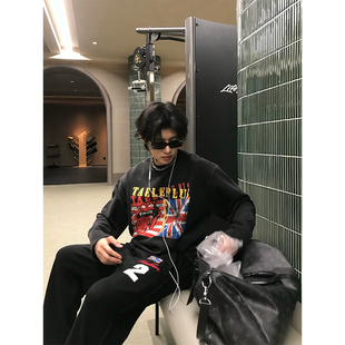 NECOYEP美式街头米字旗滚石舌头印花水洗长袖T恤男女春秋宽松上衣