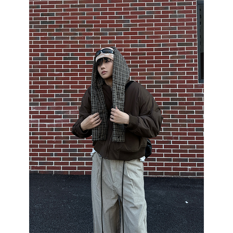 NECOYEP 冬季美式假两件拼接连帽围巾飞行棉服男女加厚保暖外套