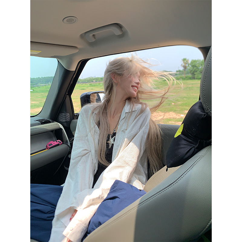 NECOYEP美式慵懒条纹长袖衬衫男女夏季宽松休闲百搭防晒薄款衬衣