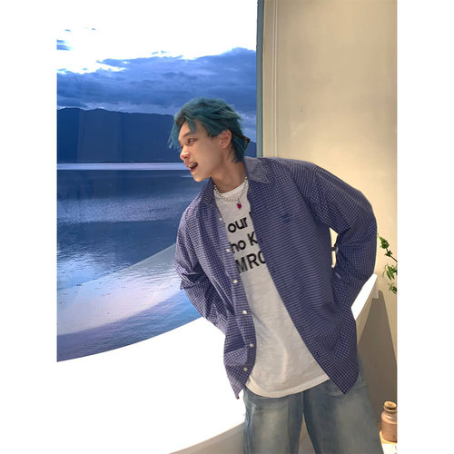 NECOYEP蓝色格子长袖衬衫