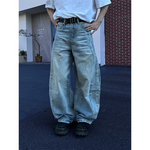 NECOYEP 美式水洗猫须弯刀廓形牛仔裤男女宽松百搭潮流阔腿长裤