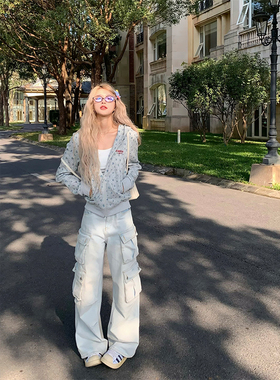 NECOYEP 2025春秋季美式复古大口袋工装阔腿牛仔裤男女直筒休闲裤