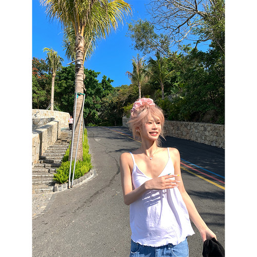 NECOYEP美式设计感V领吊带背心女宽松显瘦百搭肩带可调节外穿上衣
