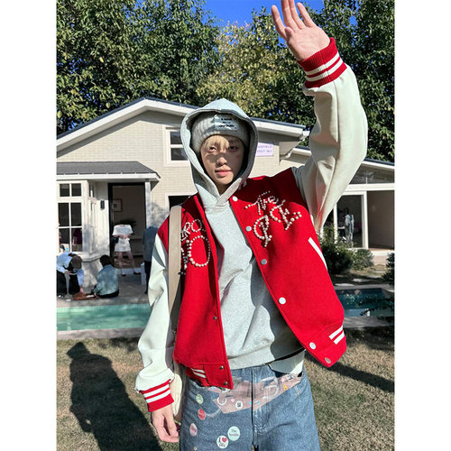 NECOYEP 2025美式拼接撞色钉珠棒球服男女宽松百搭休闲夹克外套