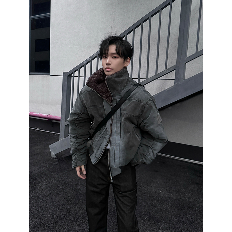 NECOYEP 美式复古水洗做旧毛绒夹克棉服男女冬季宽松保暖工装外套