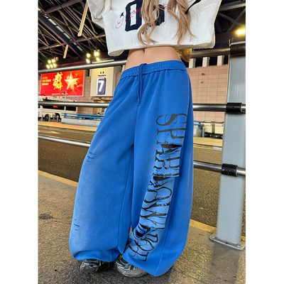 NECOYEP 美式破洞字母印花抽绳阔腿卫裤男女宽松休闲百搭直筒长裤