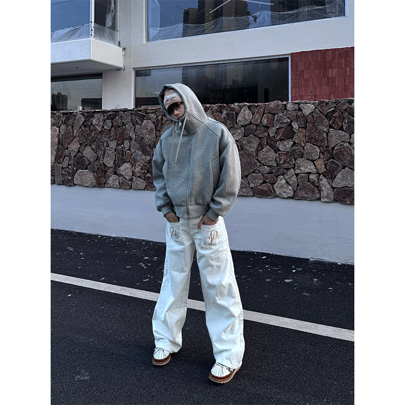 NECOYEP 美式复古字母翅膀刺绣直筒牛仔裤男女宽松休闲阔腿长裤潮