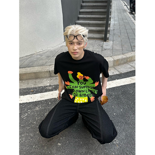 夏季 卡通字母印花圆领短袖 男女宽松休闲街头潮流T恤 美式 NECOYEP