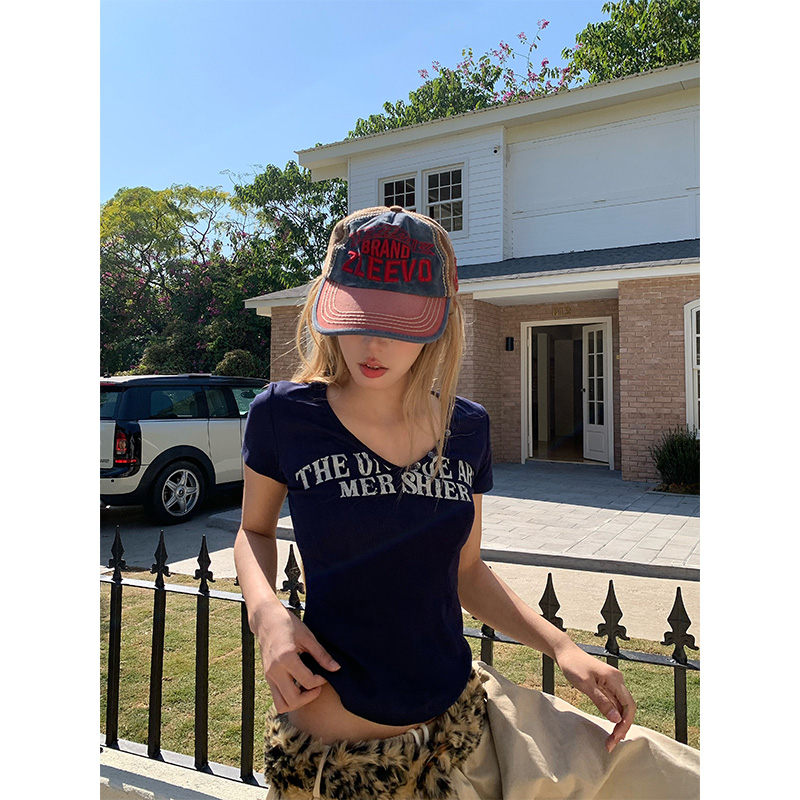 NECOYEP 春夏美式复古字母印花短袖T恤女修身显瘦慵懒感短上衣