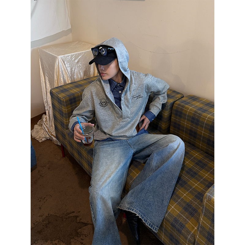 NECOYEP 美式假两件格子衬衫拼接连帽卫衣男女秋季宽松休闲上衣