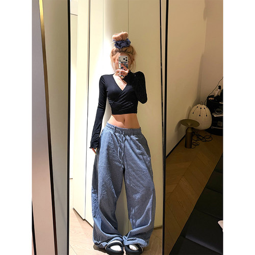 NECOYEP 美式拼色格子阔腿休闲裤男女宽松百搭设计感拖地长裤潮
