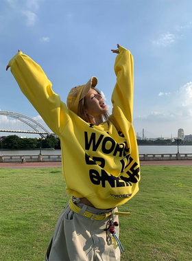 NECOYEP 2025美式复古字母黄色连帽长袖卫衣秋男女宽松街头上衣