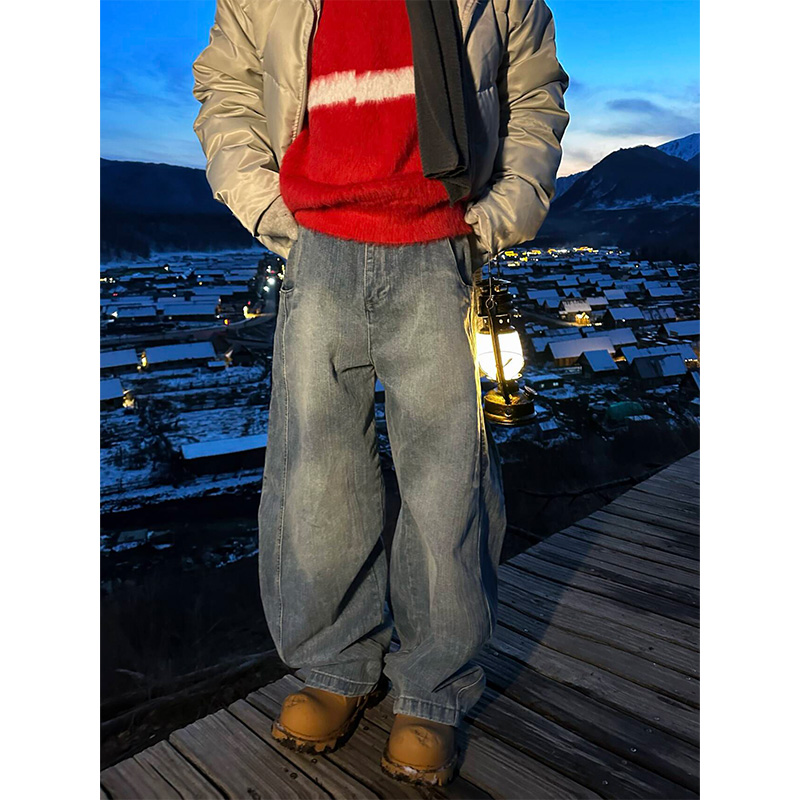 NECOYEP 2025美式复古水洗弯刀竹节解构牛仔裤男女宽松休闲长裤潮