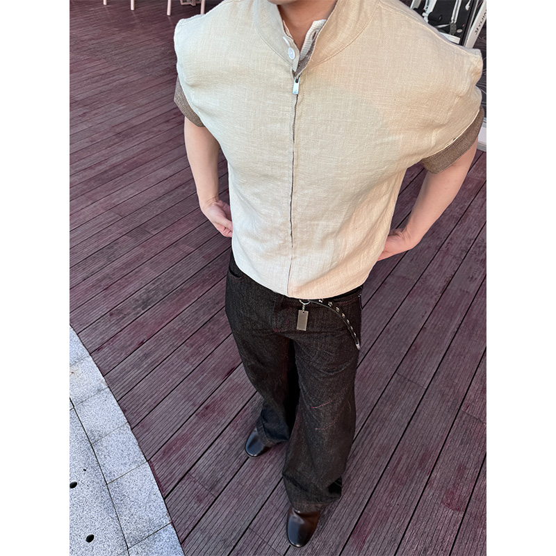 NECOYEP美式老钱风boxy亚麻衬衫短袖男女夏宽松休闲拉链开衫半袖