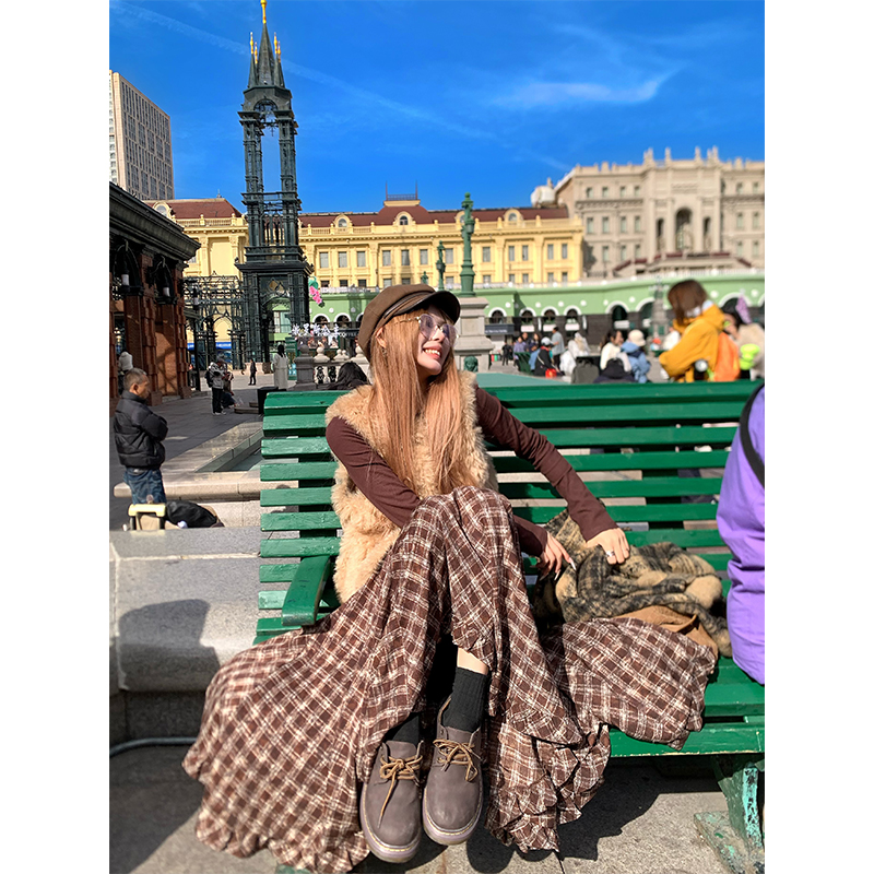 NECOYEP美式复古花边不规则半身裙女宽松休闲百搭慵懒a字中长裙