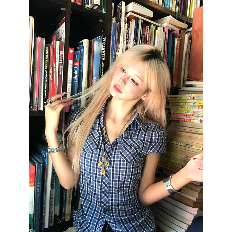 NECOYEP美式复古撞色格子短袖衬衫女夏季纯欲修身收腰显瘦上衣