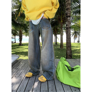 NECOYEP 2025美式复古做旧泥染直筒牛仔裤情侣宽松百搭阔腿长裤子