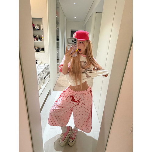 NECOYEP 美式复古波点小马刺绣七分裤夏季男女宽松直筒阔腿短裤