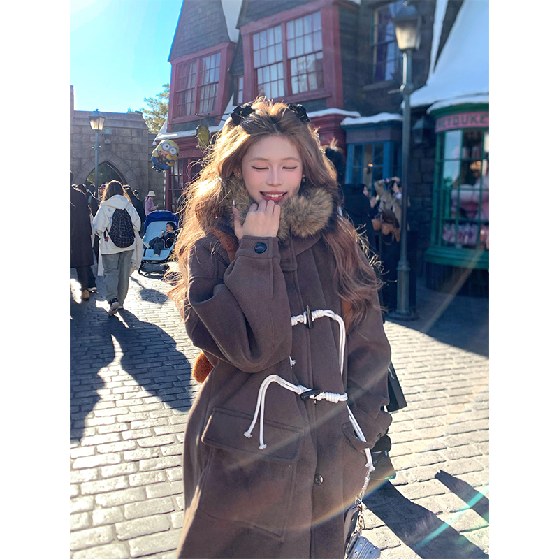 NECOYEP美式复古牛角扣毛领连帽呢子大衣女宽松高级感中长外套