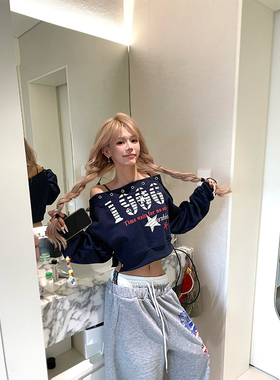 NECOYEP 美式数字印花一字肩长袖卫衣女辣妹露肩显瘦短款打底上衣