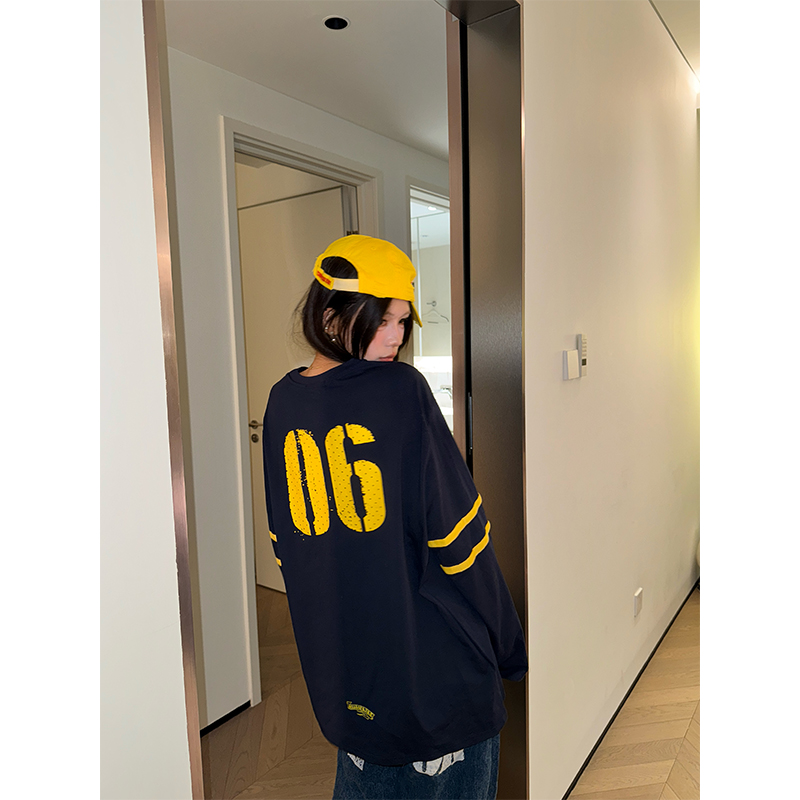 NECOYEP 美式复古数字印花长袖T恤男女宽松百搭小众高级感打底衫