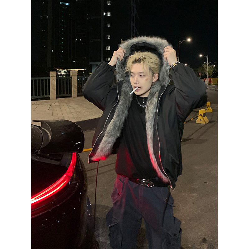 NECOYEP 2025冬季美式复古毛领座山雕连帽棉服男女保暖毛茸棉外套