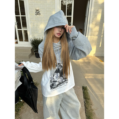 NECOYEP 美式复古设计感斜腰短款卫衣女小众宽松叠穿帽衫外套