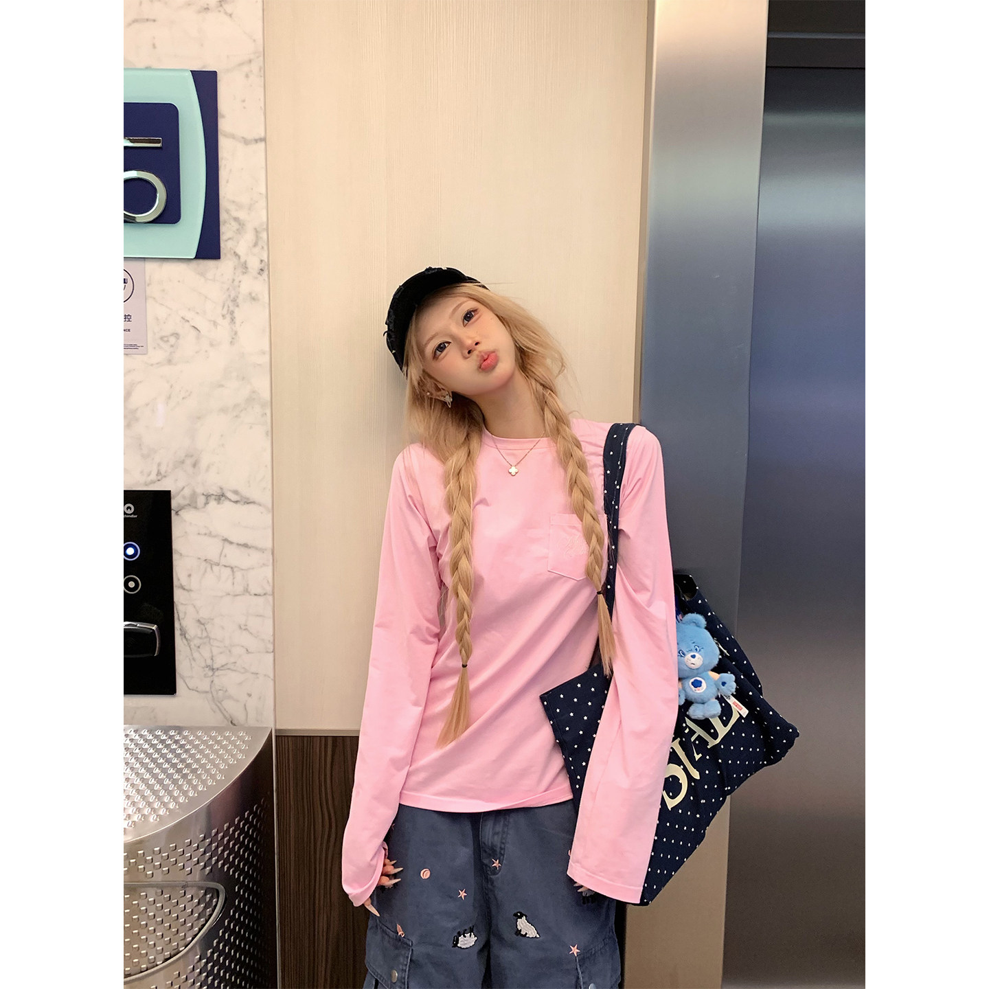 NECOYEP 美式基础款口袋字母刺绣圆领长袖T恤男女宽松百搭打底衫