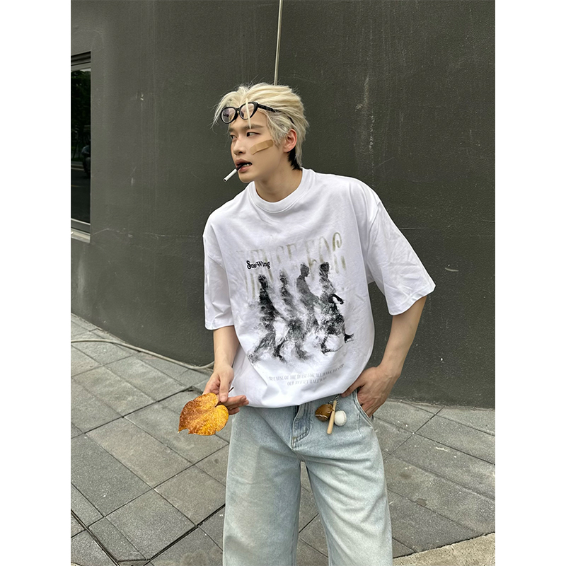 NECOYEP 美式做旧模糊人像印花短袖夏季男女宽松休闲街头潮流T恤