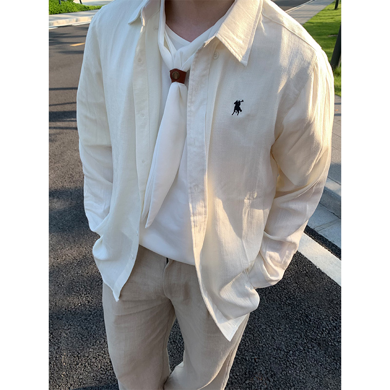 NECOYEP美式亚麻老钱风小马标长袖衬衫男女夏轻奢高级感宽松衬衣