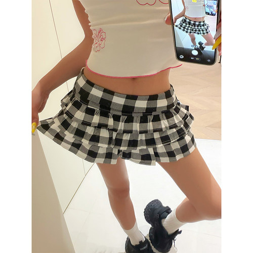 NECOYEP  美式复古黑白格子百褶短裙裤女辣妹气质百搭a字半身裙