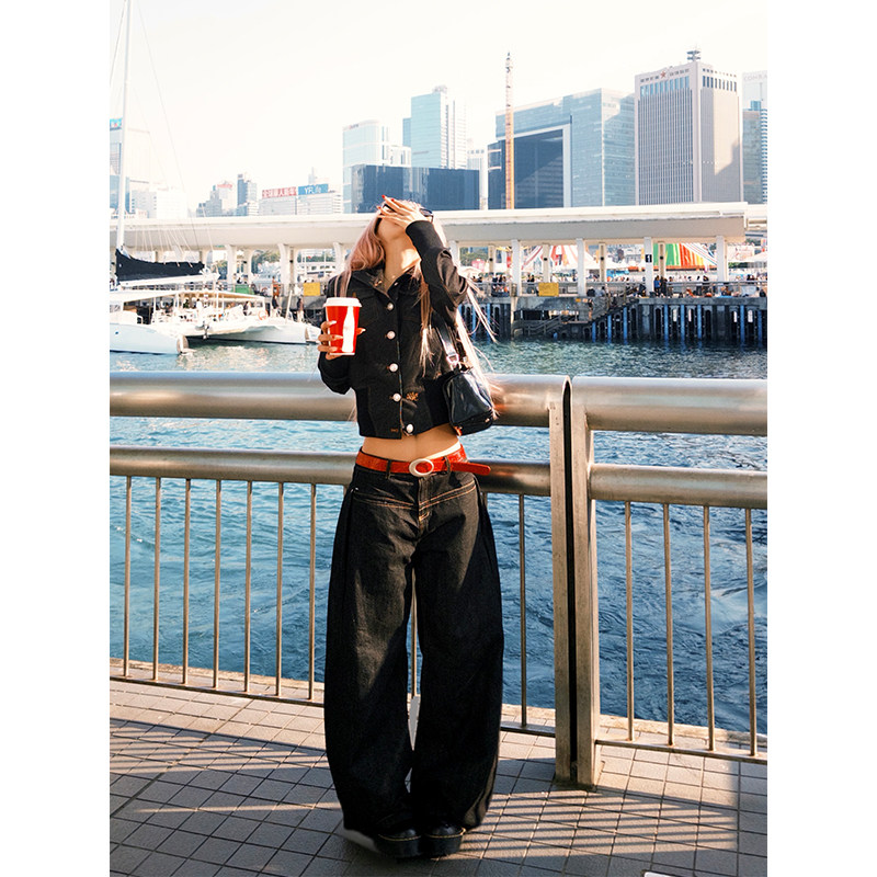 NECOYEP 美式高街垂感弯刀牛仔裤男女潮流宽松休闲百搭拖地长裤