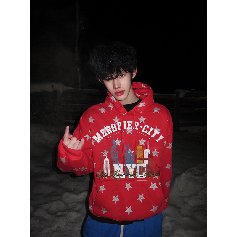 NECOYEP 美式设计感星星字母印花加绒连帽卫衣男女百搭帽衫外套