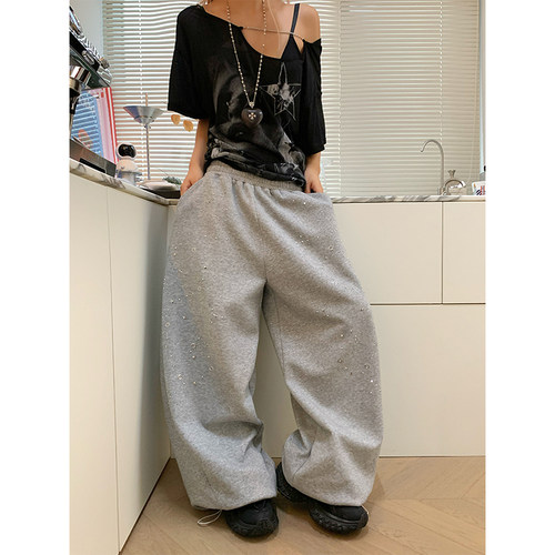 NECOYEP 美式复古烫钻设计感阔腿卫裤男女宽松休闲百搭直筒长裤