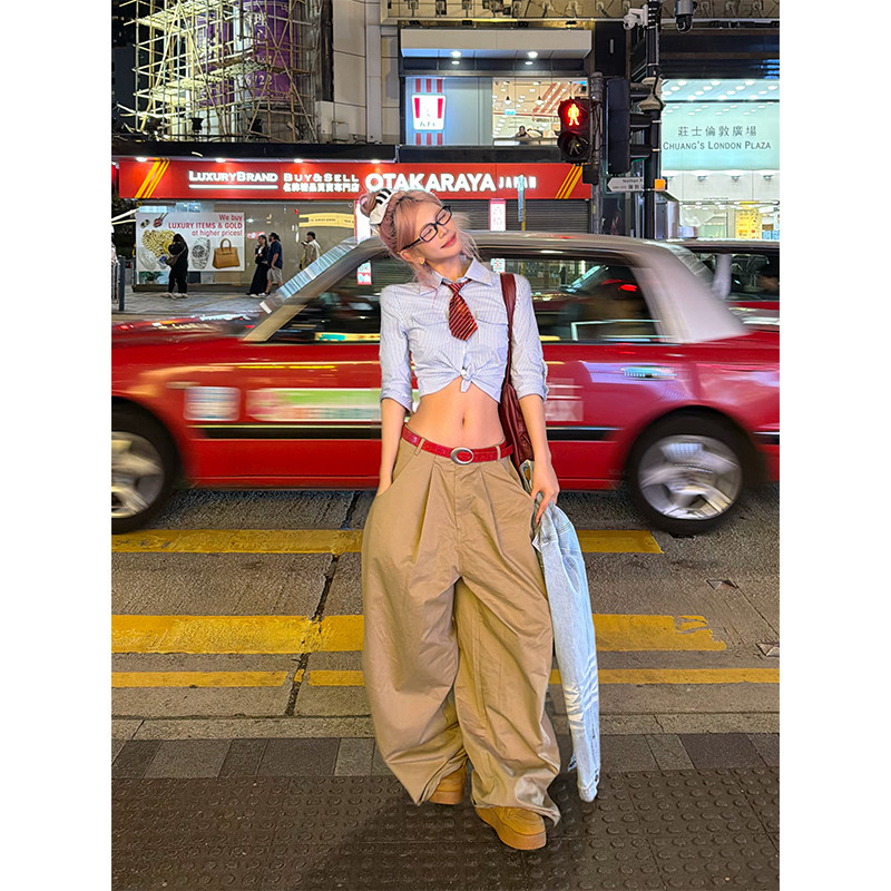 NECOYEP 美式复古竖条纹格子七分袖短款衬衫女辣妹修身显瘦上衣