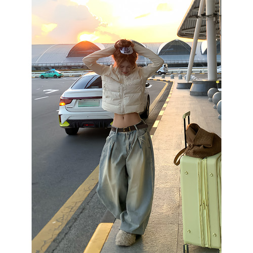 NECOYEP 美式水洗做旧阔腿弯刀牛仔裤男女宽松休闲百搭潮流长裤