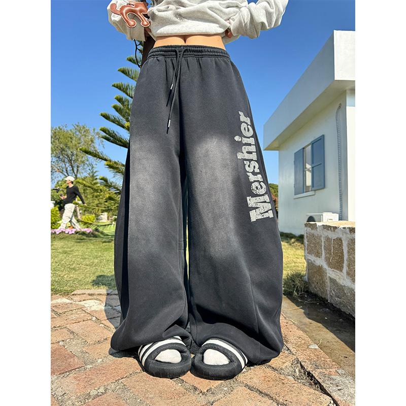 NECOYEP 美式复古渐变做旧字母阔腿弯刀卫裤男女宽松休闲拖地长裤
