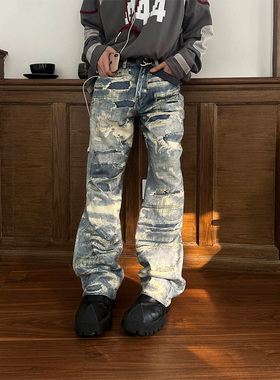 NECOYEP2025美式高街水洗破洞直筒宽松牛仔裤男女显瘦时髦阔腿裤