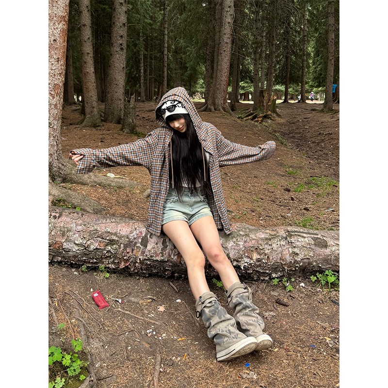 NECOYEP 美式复古拼色格纹连帽衬衫男女春秋宽松休闲百搭防晒帽衫