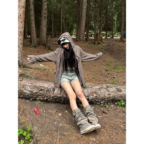 NECOYEP 美式复古拼色格纹连帽衬衫男女春秋宽松休闲百搭防晒帽衫