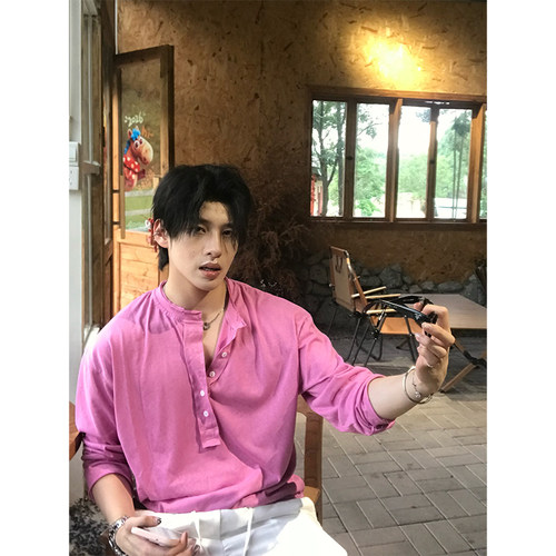 NECOYEP美式设计感排扣半开领长袖T恤男女夏季宽松百搭透气打底衫
