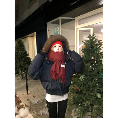 NECOYEP 2025冬季美式毛领连帽短款面包羽绒服男女宽松保暖厚外套