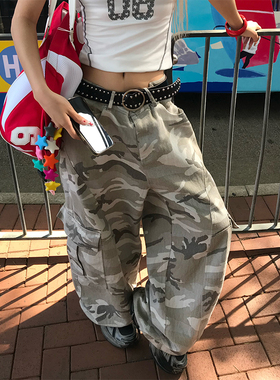 NECOYEP美式复古灰迷彩工装裤男女宽松显瘦多口袋百搭阔腿休闲裤
