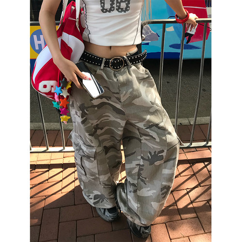 NECOYEP美式复古灰迷彩工装裤男女宽松显瘦多口袋百搭阔腿休闲裤