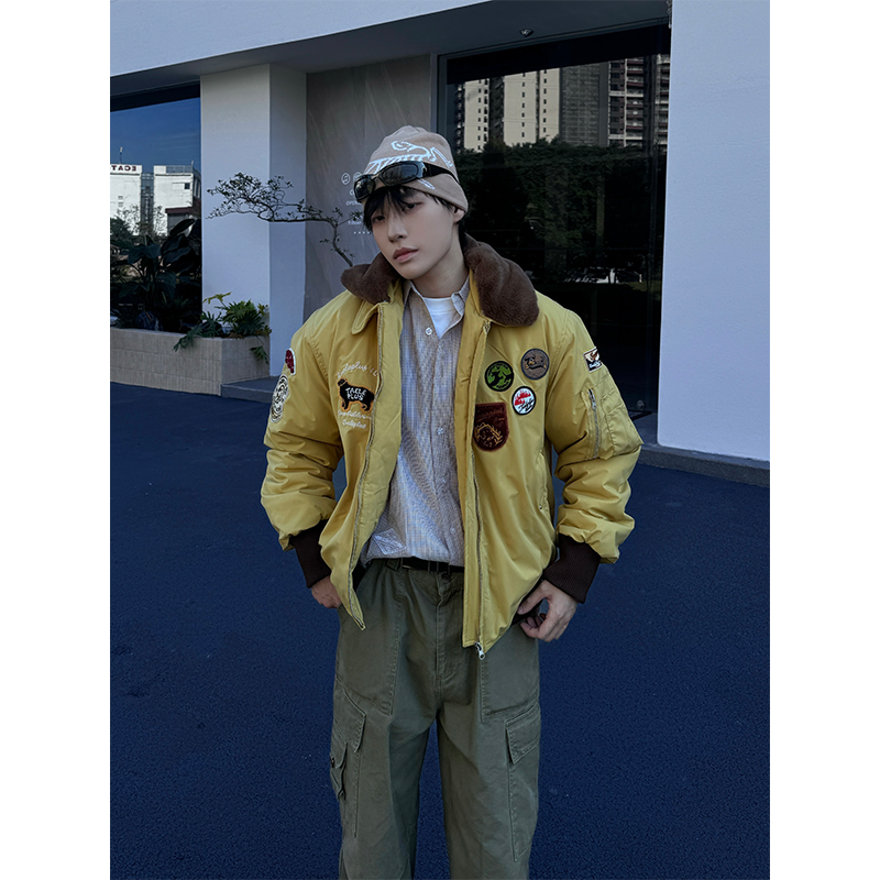 NECOYEP 美式设计感徽章刺绣毛领夹克棉衣男女秋冬百搭工装外套