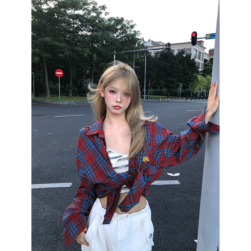 NECOYEP撞色格纹长袖衬衫