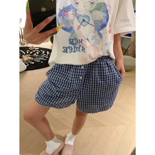 NECOYEP 美式复古撞色格子松紧腰短裤夏季女宽松阔腿百搭休闲裤