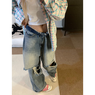 遮胯显瘦中性时髦阔腿裤 NECOYEP2025美式 破坏破洞直筒宽松牛仔裤