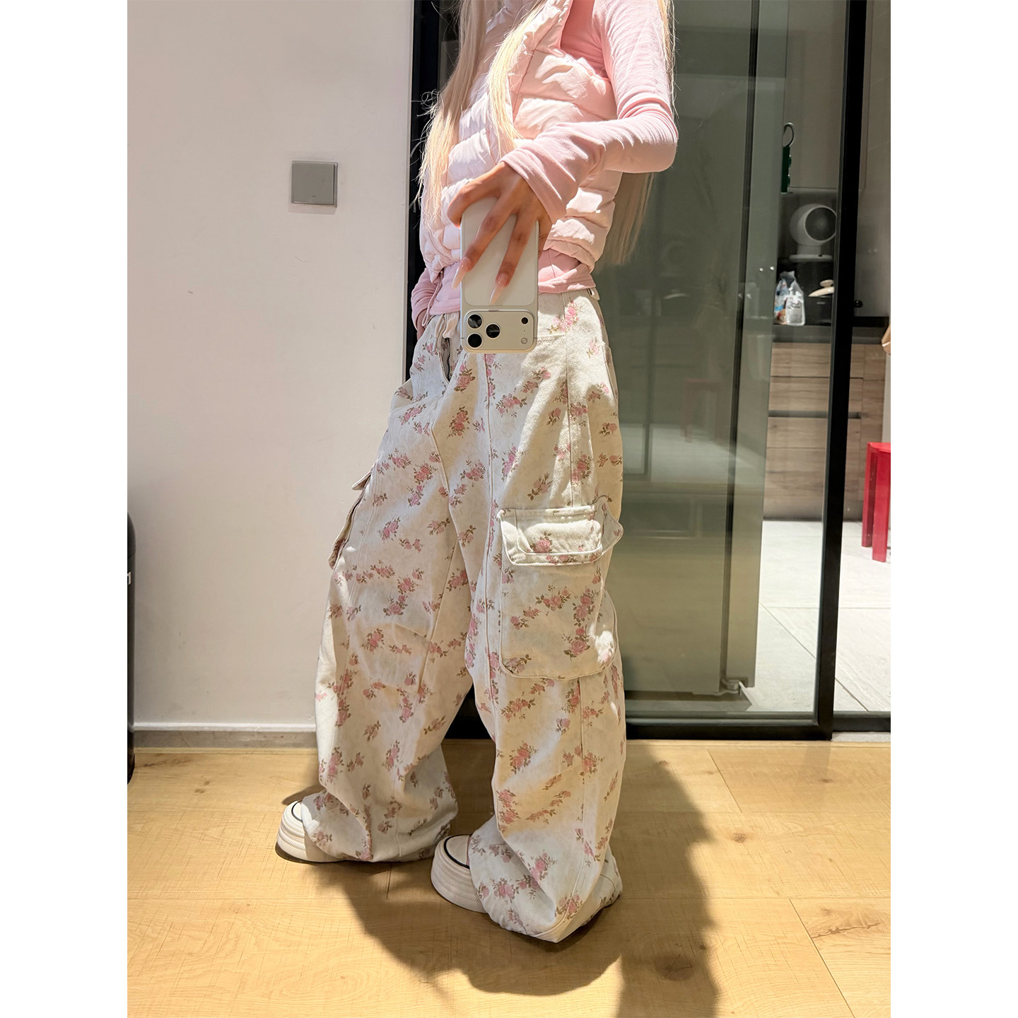 NECOYEP 美式碎花多口袋阔腿工装裤男女宽松百搭设计感直筒长裤