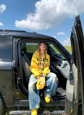 NECOYEP 2025美式复古字母黄色连帽长袖卫衣秋冬男女宽松街头上衣